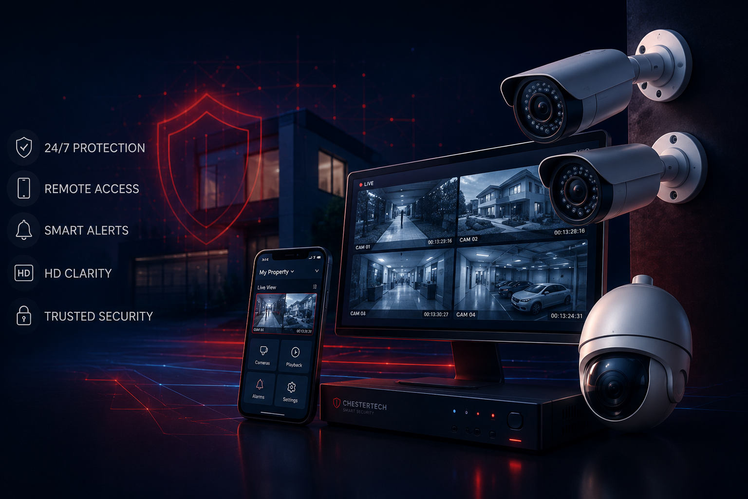 ChestherTech security system with cameras, monitor, and mobile access